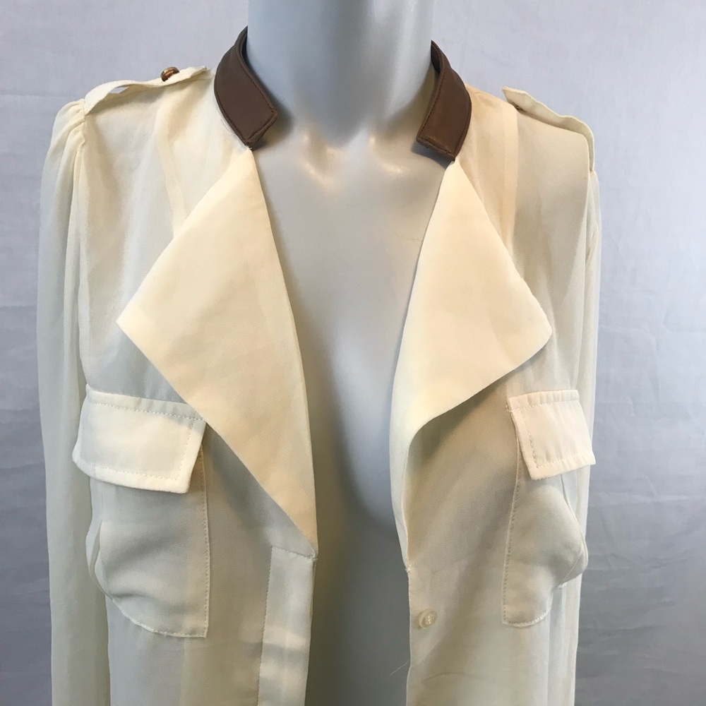 Cream Chiffon Sheer Leather Trim Top - Picture 4 of 7